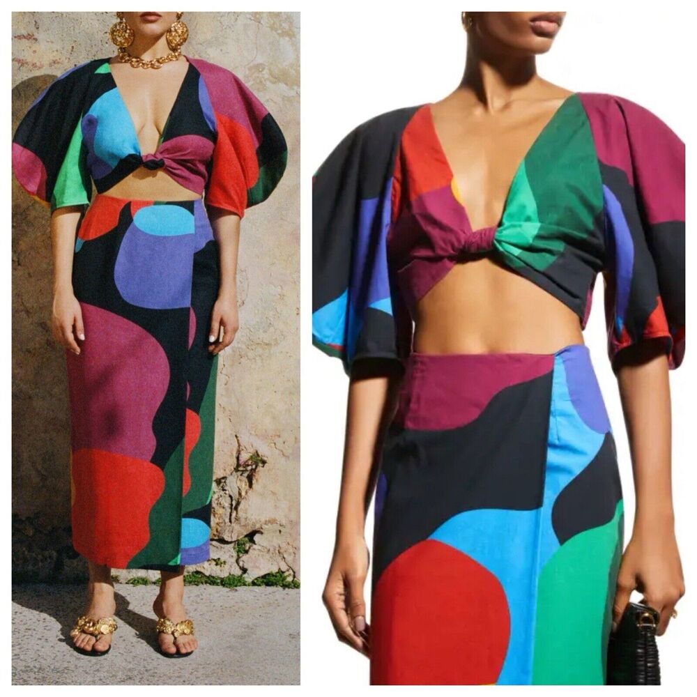 MARA HOFFMAN Raya Tie Front Cropped Top & Sunja Skirt Set Multicolor Size 2